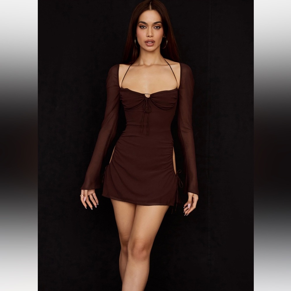 Baby chocolate chiffon cutout Halter Mini Dress